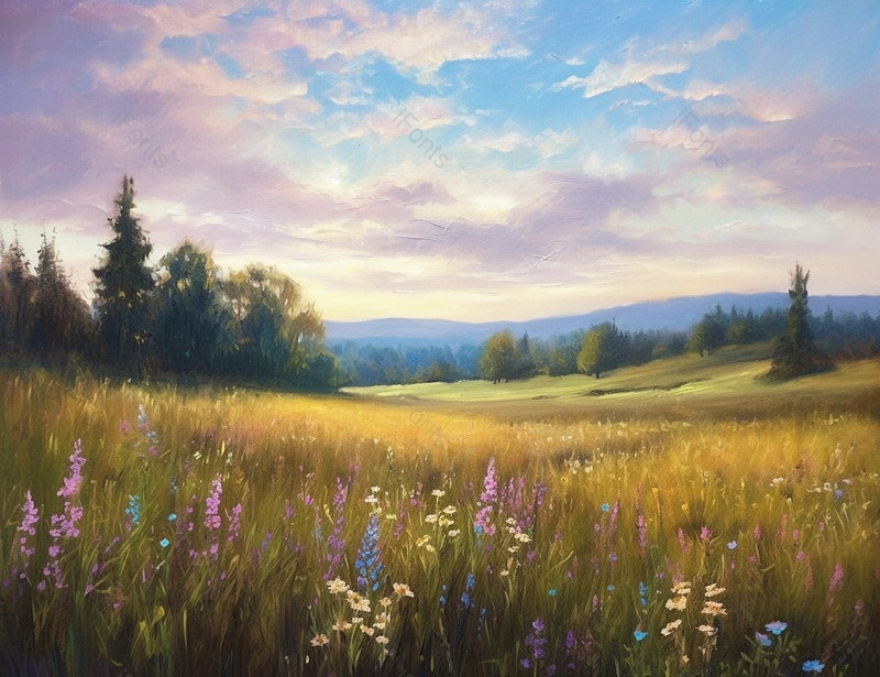 夏日傍晚夕阳日落平原草地森林黄色印象主义油画,插画/手绘图,插画/手绘图库,插画/手绘图下载,插画/手绘